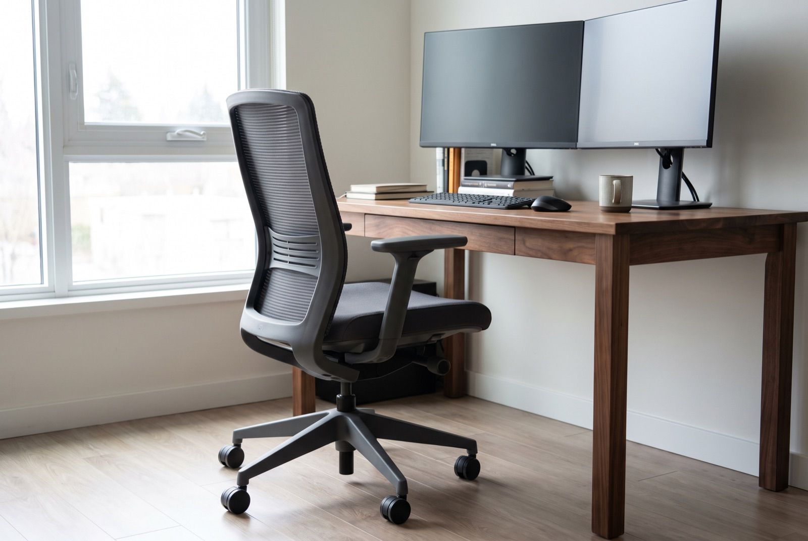 Grafiitinharmaa ergonominen työtuoli ohuella ripaselkänojalla ja matalilla käsinojilla pähkinäpuisen työpöydän ääressä kotitoimistossa
