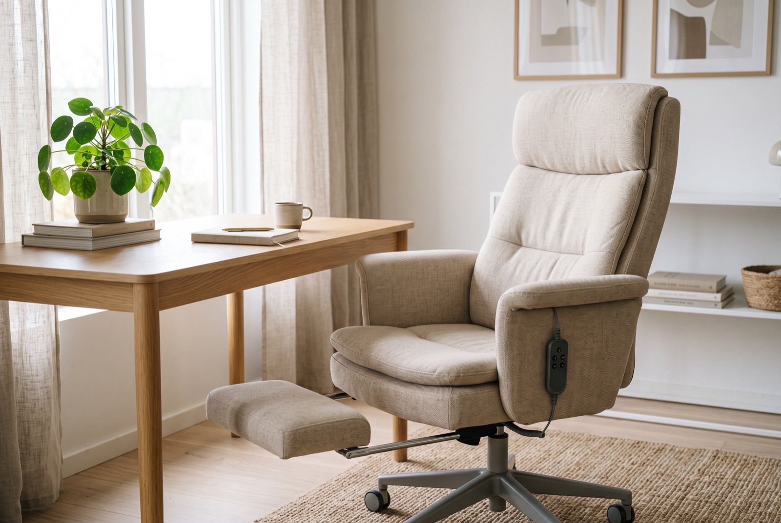 Beige kangasverhoiltu pyörillä liikkuva työtuoli, jossa on esiin vedettävä jalkatuki ja istuimen sivulla roikkuva johdollinen ohjain, vaalean puisen työpöydän vieressä valoisassa huoneessa