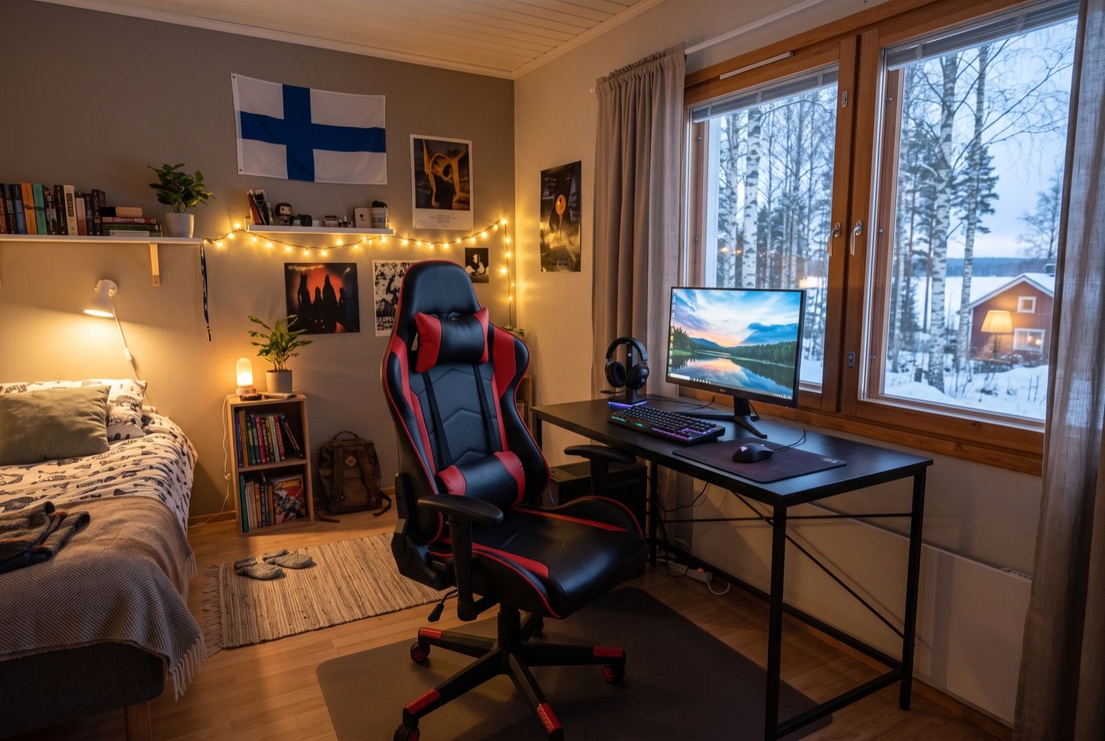 Musta-punainen keinonahkainen kilpaistuintyylinen pelituoli niska- ja lannetyynyllä mustan pelipöydän ääressä nuoren huoneessa talvi-illan valossa