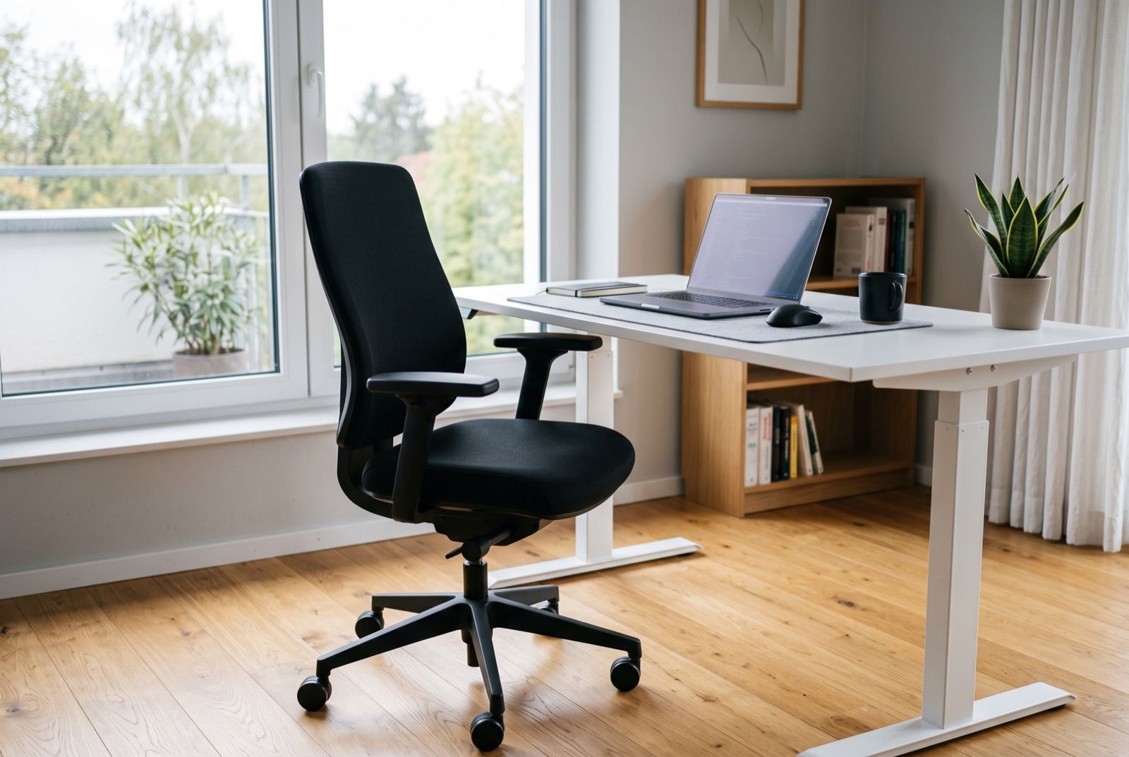 Musta ergonominen työtuoli kangaspäällysteisellä joustavalla selkänojalla ja säädettävillä käsinojilla valkoisen sähköpöydän ääressä kotitoimistossa