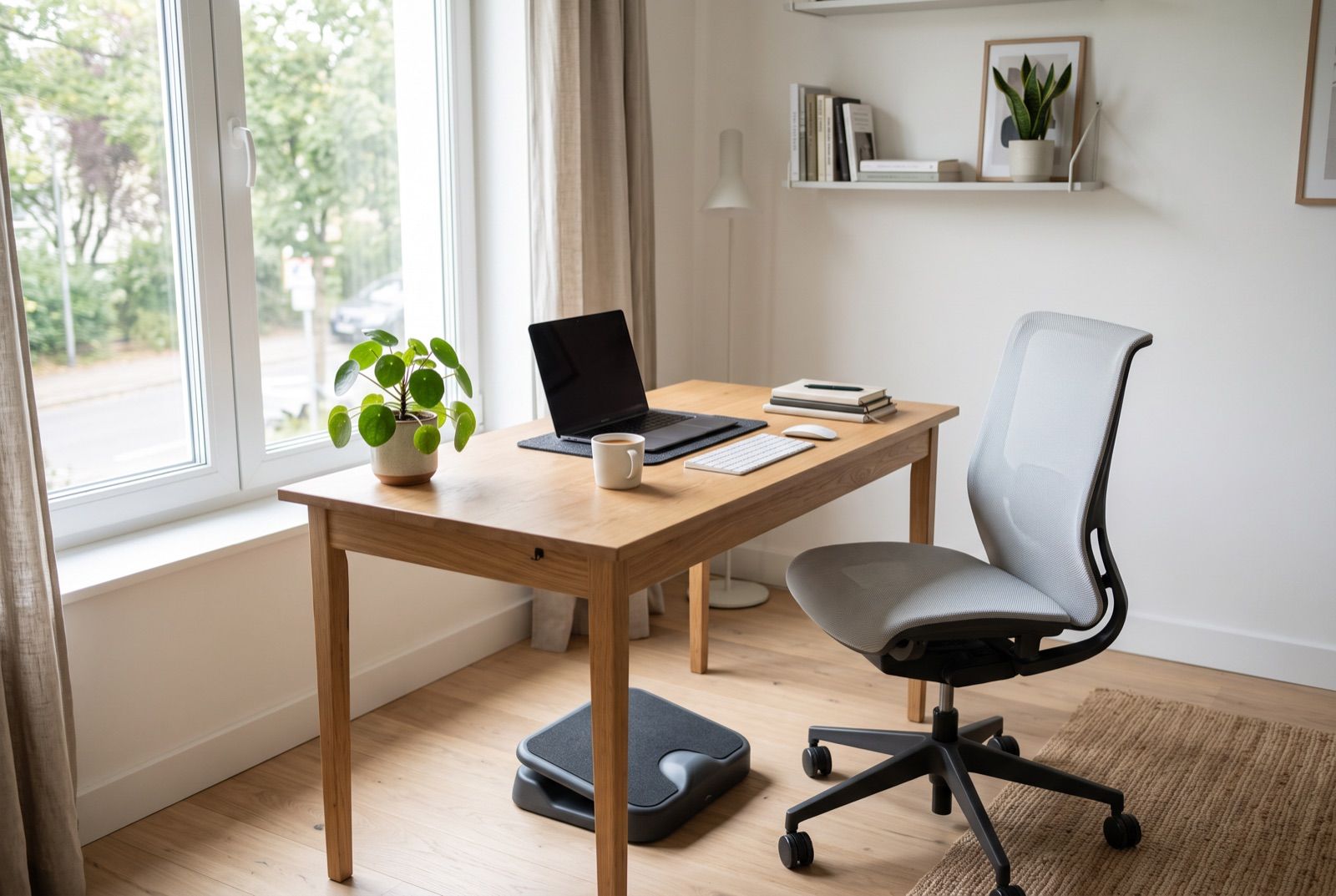Matalalle säädetty ergonominen työtuoli ja pieni jalkatuki pöydän alla valoisassa kotitoimistossa