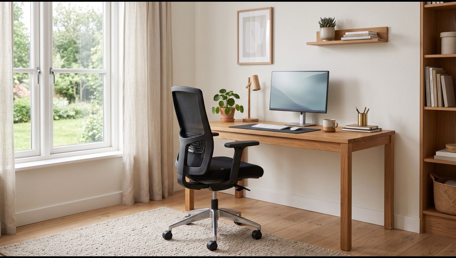 Ergonominen työtuoli säädettynä työpöydän ääreen luonnonvalossa