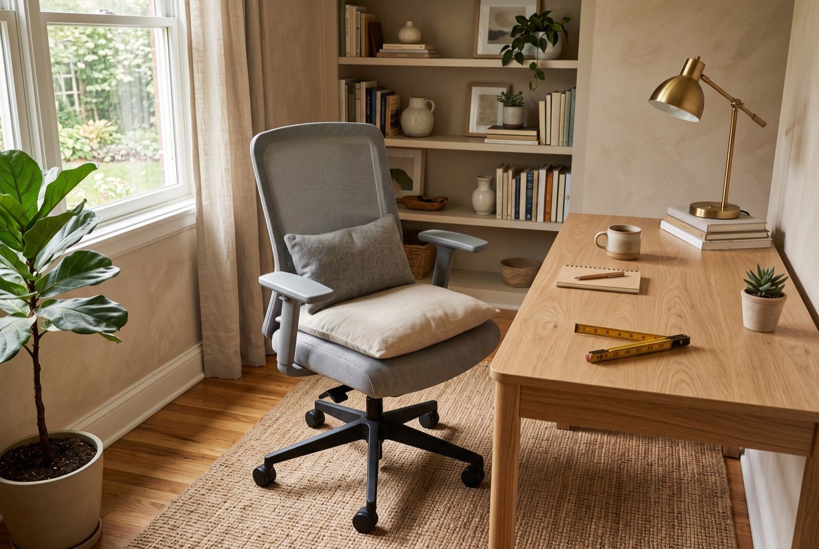 Harmaa verkkoselkäinen työtuoli kotitoimistossa, istuimella beige istuintyyny ja selkänojaa vasten harmaa lannetyyny, vieressä puinen työpöytä ja taitettava mittakeppi