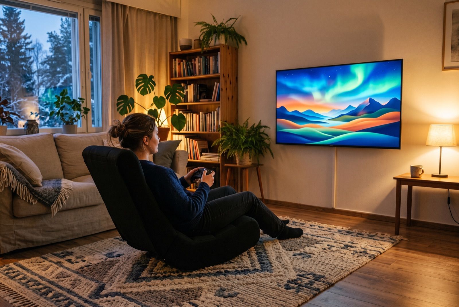 Musta lattiamallinen pelituoli ilman jalkoja olohuoneen matolla, istuja pelaa ohjaimella television edessä