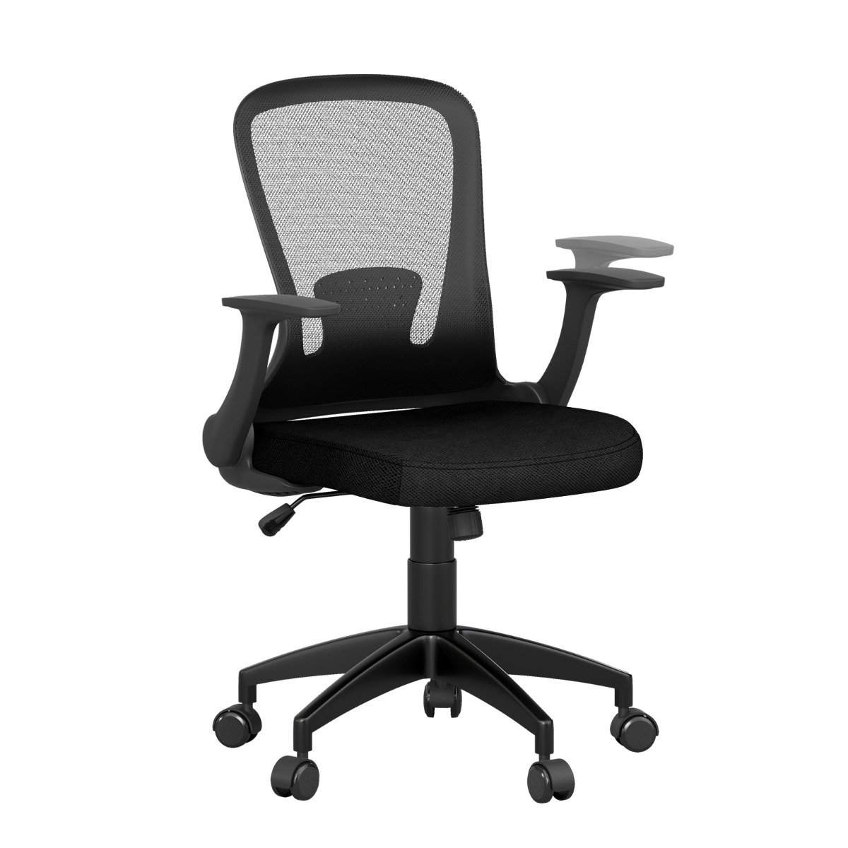 Ergonominen työtuoli käännettävällä käsivarrella ja ristiselän tuella