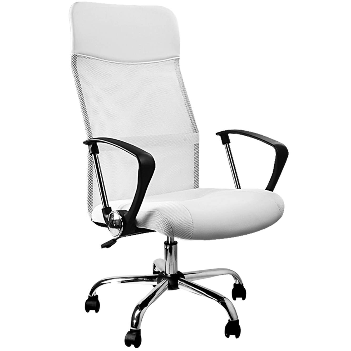 Toimistotuoli, ergonominen valkoinen keinonahka ja verkko, pyörivä