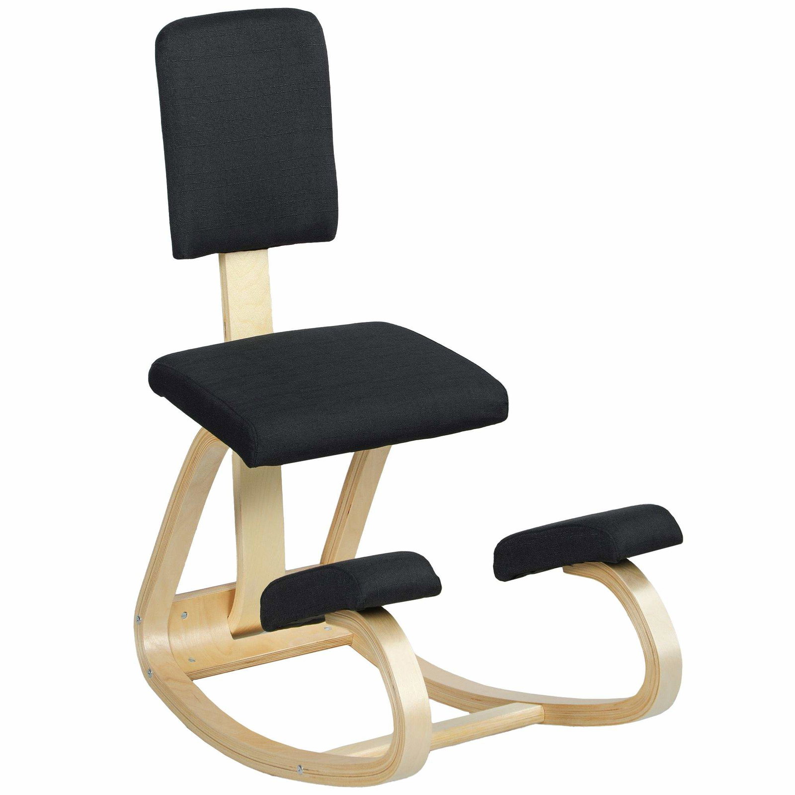 Ergonominen polvistuva tuoli – koivupuuta, mustaa kangasta
