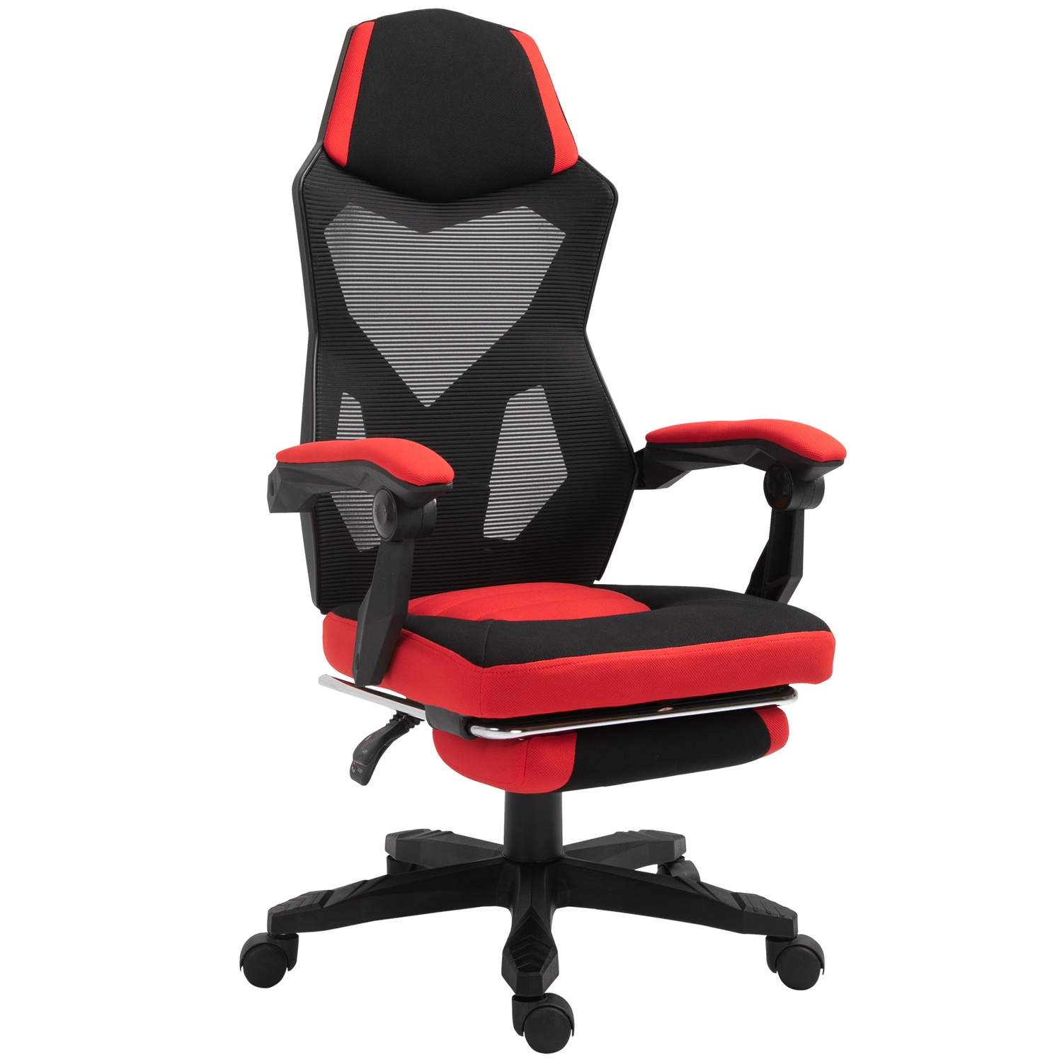 Ergonominen pelituoli jalkatuella, musta/punainen
