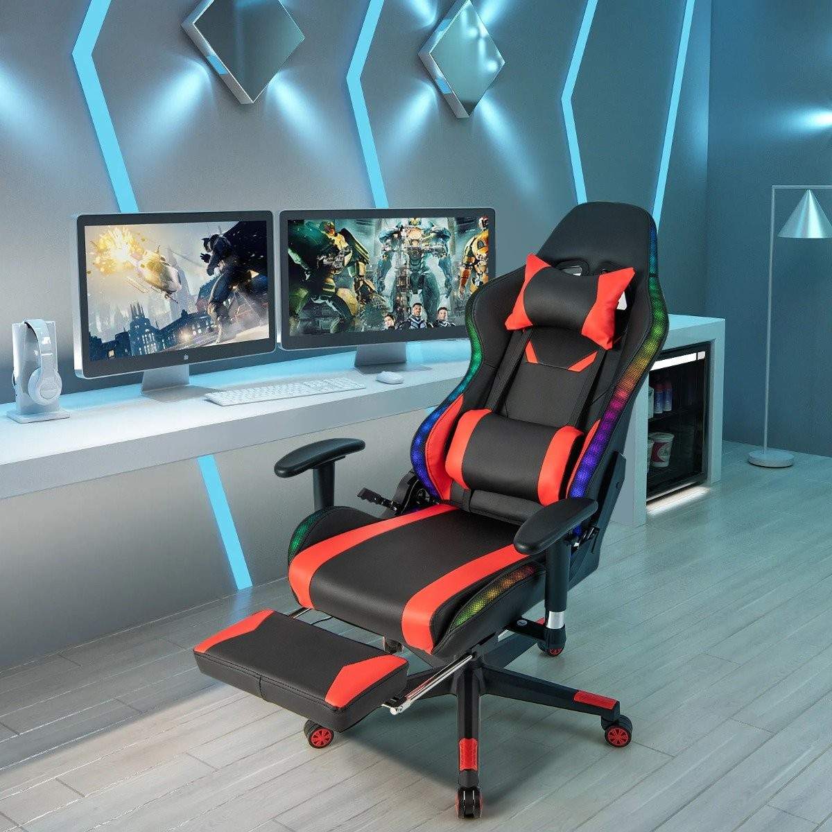 Pelituoli RGB-LED-valoilla ja sisäänvedettävällä jalkatuella Ergonominen toimistotuoli, punainen