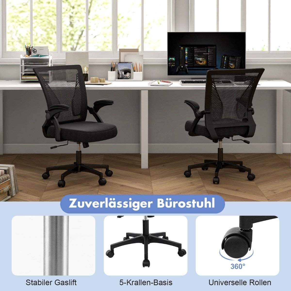 Ergonominen toimistotuoli, taitettavat käsinojat, keskiselkäinen pöytätuoli 57 x 63 x 90-100 cm musta